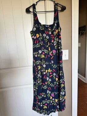 Old Navy Navy Floral Linen blend Midi Dress with peppers fruits M